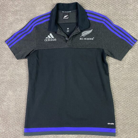 Adidas New Zealand All Blacks Rugby Polo Shirt Men's Medium Black Gray Blue - Picture 1 of 11